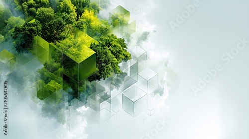 Futuristic Green Digital Background with Forest and Geometric Cubes, Sustainable Technology Concept