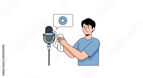 Foto Man recording podcast with vintage microphone and video.