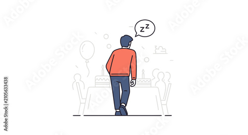 Bild auf Leinwand Tired man walking with sleepy thought bubble above head.