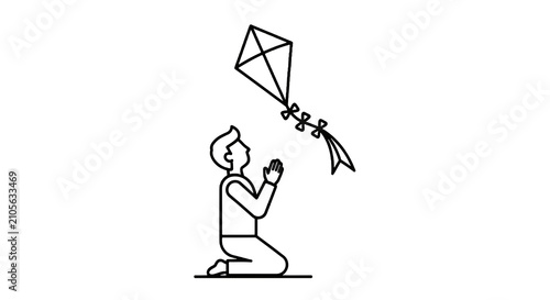 Canvas Print Child flying kite in playful outdoor illustration.