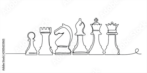 Foto Continuous single line drawing of a set of chess pieces including pawn rook knig