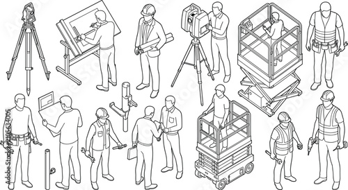 Collection of isometric construction workers surveyors and architects line art vector illustrations for CAD blocks
