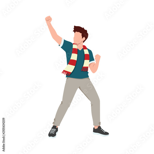Supporter cheering with arms raised while wearing a striped scarf in a flat vector style illustration.