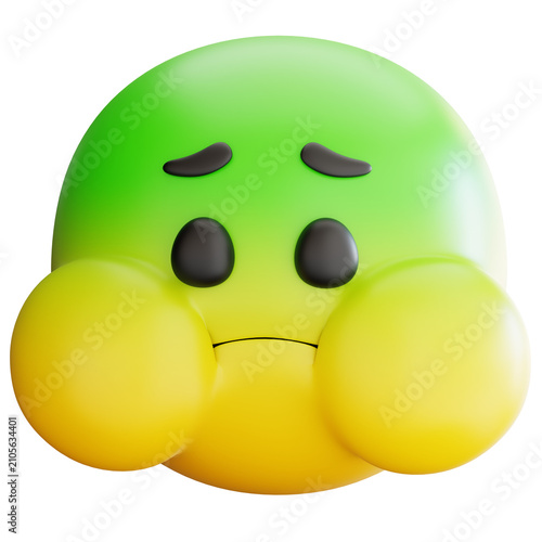3d glossy green and yellow nauseated puffed cheeks face emoticon, smooth round emoji character, 3d Rendering.