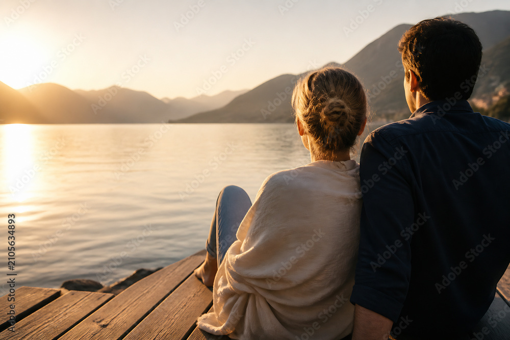 Fototapeta premium A couple sits by the water at sunset, silhouetted against the bright horizon.