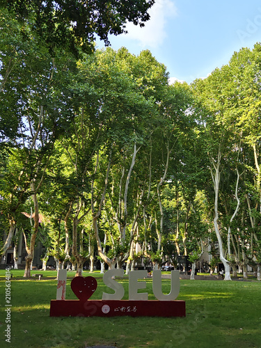 Canvas Print Tree-lined campus park with I Love SEU sign, Southeast University, Nanjing, Chin