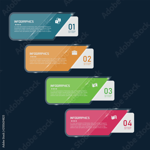 Infographic elements featuring four distinct colorful glass panels arranged in a vertical design layout.