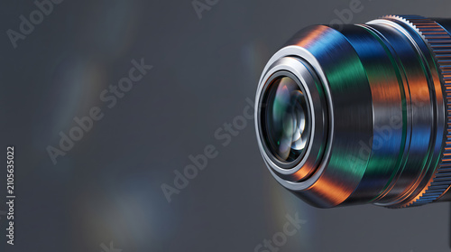 Closeup of a metal coated camera lens with reflective optical surfaces and precision engineering details