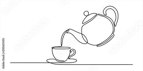 Foto Continuous one line drawing of a teapot pouring tea into a cup on a saucer Vecto