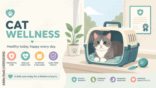 Fotografía Cute gray cat sits calmly in a pet carrier