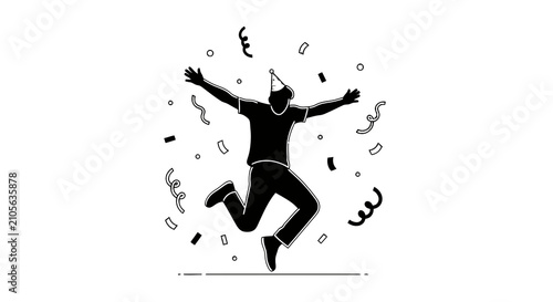 Quadro su tela Silhouette of person jumping with confetti celebration.