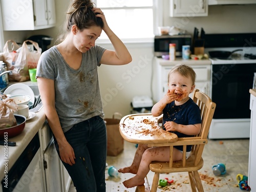 Parent looks at her messy toddler in a wooden high chair within a chaotic kitchen full of food debris.