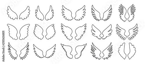 Wings icon set. angel wings outline in different decorative styles