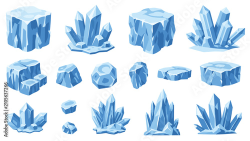 Set of realistic blue ice blocks, crystals, and stone formations designed specifically for video game graphic assets.