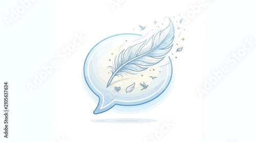 Blue speech bubble with feather inside and decorative elements like hearts wings and sparkles on white background