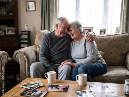 Couple reflects on precious life memories while resting together comfortably on a sofa in their home living.
