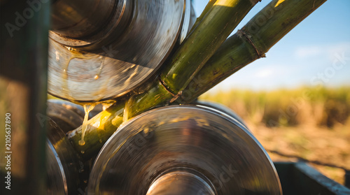Close up of sugarcane being pressed by industrial rollers with juice dripping out