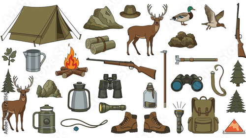 Survival, camping, and hunting equipment icons collection featuring a tent, binoculars, rifles, and wild deer.