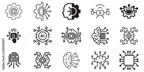 Artificial Intelligence & Machine Learning Line Icons Set | AI Brain, Neural Network, Smart Chip, Robotics and Automation Outline Vector Collection