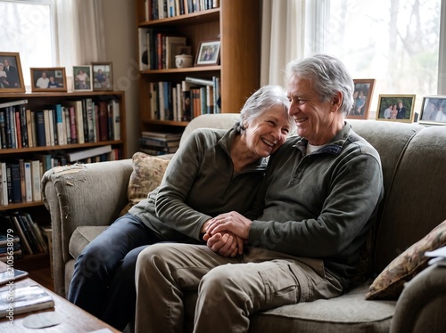 Senior couple resting on the sofa shares a tender moment while holding hands in their living room area.