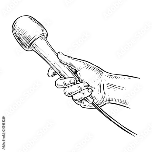 Foto hand holding reporter microphone vector line art hand drawn illustration