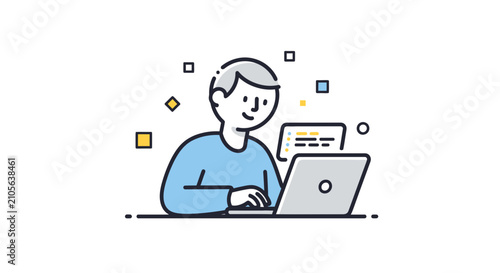 Illustrated person using laptop computer at desk.