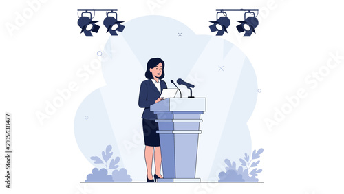 Professional businesswoman giving a public speech at a podium with microphones under stage spotlight illumination.