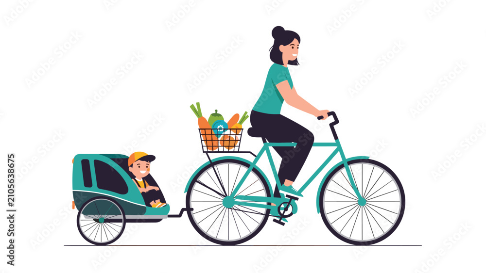 Fototapeta premium Smiling woman riding a bicycle with a basket of fresh vegetables and pulling a little boy in a green baby trailer.