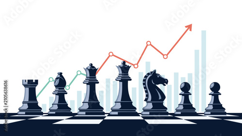 Set of dark blue chess pieces standing on a chessboard with a financial growth chart in the clean background.