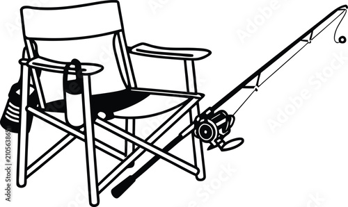 Black and white line of a folding camping chair with a fishing rod resting against it on a white background