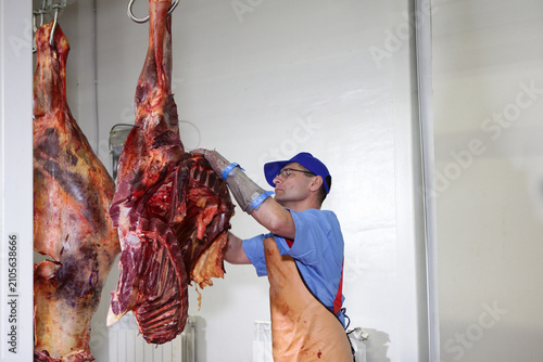 Foto A meat-packing plant worker butchers a horse carcass