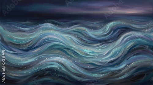 Abstract deep blue ocean waves at dusk. Dynamic water surface texture with natural motion blur and gradient lighting.