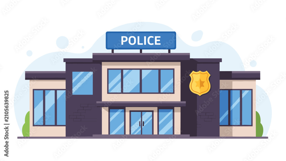 Obraz premium Police station building flat vector illustration representing security, law enforcement, and local public safety services.