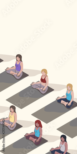 YOGA IN A GROUP SUKHASANA POSE ILLUSTRATION, WHITE VERTICAL BACKGROUND