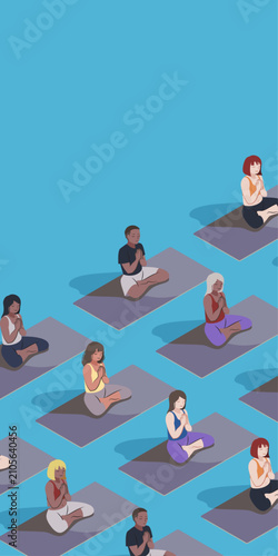 YOGA IN A GROUP SUKHASANA POSE ILLUSTRATION, BLUE VERTICAL BACKGROUND