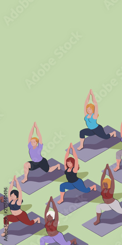 YOGA IN A GROUP VIRABHADRASANA POSE ILLUSTRATION, GREEN VERTICAL BACKGROUND