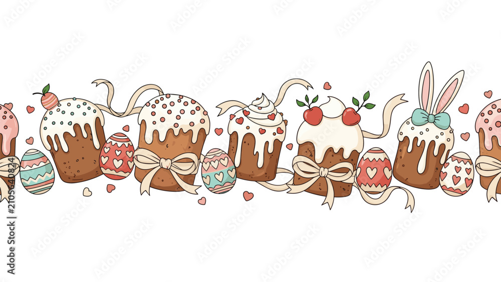 Fototapeta premium Delicious easter border features a variety of glazed cakes decorated with frosting and ribbons alongside colorful heart patterned eggs.