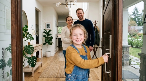 Cheerful young girl warmly opening the front door of a modern home, smiling toward camera, with happy parents behind her, welcoming family