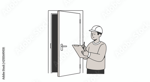 Construction worker inspecting door with clipboard.