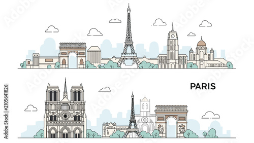 Two horizontal line art banners depicting iconic historic landmarks of Paris including Notre-Dame Cathedral and Eiffel Tower.