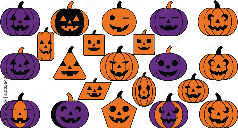 Fototapeta premium Minimalist Geometric Halloween Pumpkin SVG Bundle, Diagonal Jack-o'-Lantern Vector Clipart Pack, Modern Polygonal Purple and Orange Shapes for Cricut