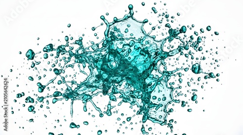 Dynamic explosion of turquoise liquid creating abstract flying droplets against a white background for refreshing cosmetic base and dynamic beverage advertising