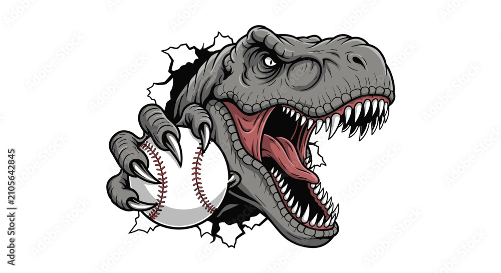 Naklejka premium Menacing Tyrannosaurus Rex head holding a baseball in its claws bursts through a white ripped paper background.