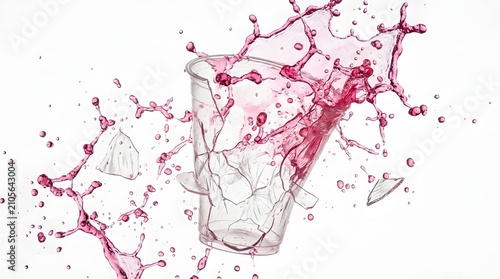 Shattering clear plastic cup bursting with vibrant pink liquid against a crisp white background for high energy beverage advertising and dynamic visual concepts