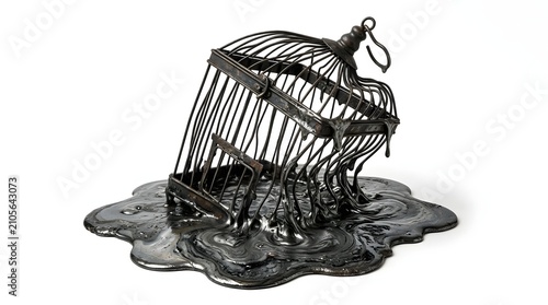 Vintage metal birdcage melting into a dark liquid puddle against a pure white background for surreal artistic expressions and powerful escaping confinement themes