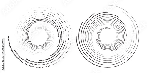 Set of speed lines in circle form. Halftone dotted speed lines. Abstract geometric circles with rotating radial lines. Design element for logo, prints, template or posters. Vector illustration.