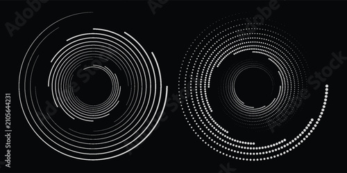 Set of speed lines in circle form. Halftone dotted speed lines. Abstract geometric circles with rotating radial lines. Design element for logo, prints, template or posters. Vector illustration.