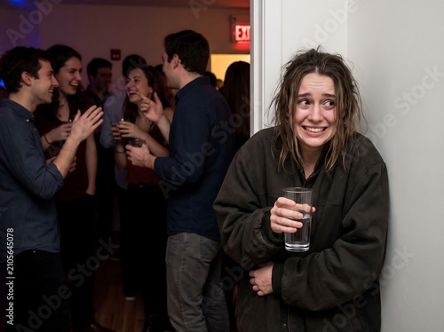 Woman stands alone at a social gathering feeling socially anxious and disconnected from the happy crowd.