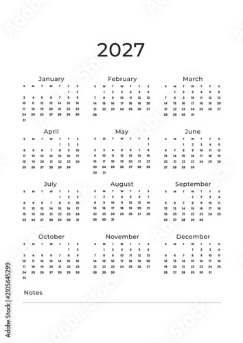 2027 Year at a Glance Printable Calendar
