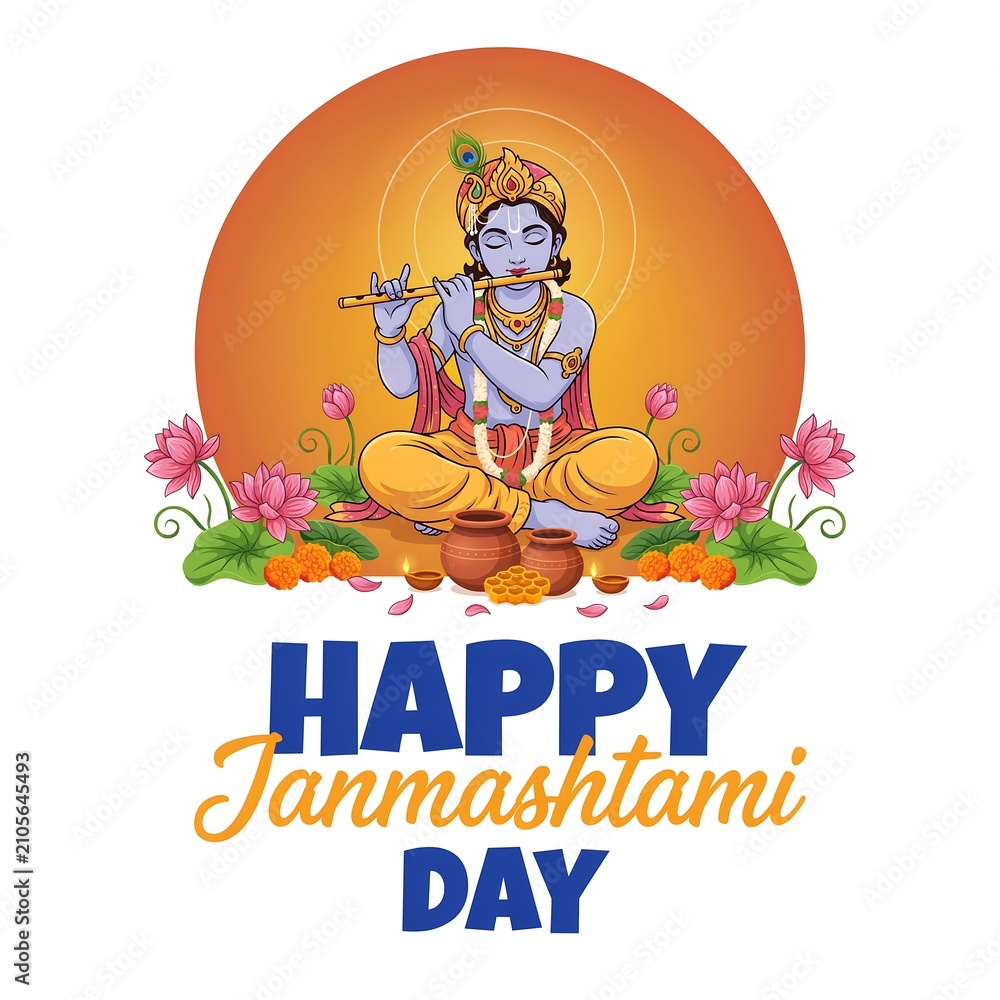 Fototapeta premium Lord krishna illustration for happy janmashtami celebration with lotus flowers and flute janmashtami religion